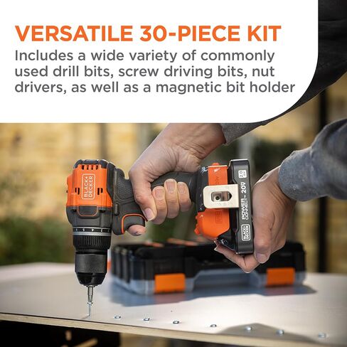 BLACK+DECKER 20V MAX Cordless Brushless ½-in. Drill Driver, 30 Pc. Drill Bit Set and Screwdriver Bit Set, 2Ah Battery and Charger Included, PowerConnect Electric Drill Cordless (BLD782PK30D1) in Kuwait