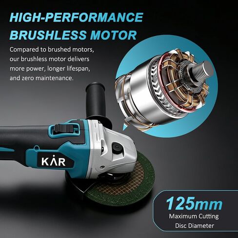 Karramlili 21V Brushless Angle Grinderxx, 125mm Cutting Disc | Brushless, 3-Speed 3700/6200/7000 RPM, 2×4000mAh Batteries in Kuwait