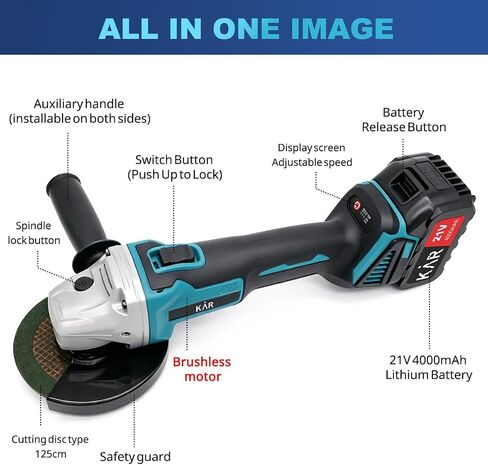 Karramlili 21V Brushless Angle Grinderxx, 125mm Cutting Disc | Brushless, 3-Speed 3700/6200/7000 RPM, 2×4000mAh Batteries in Kuwait
