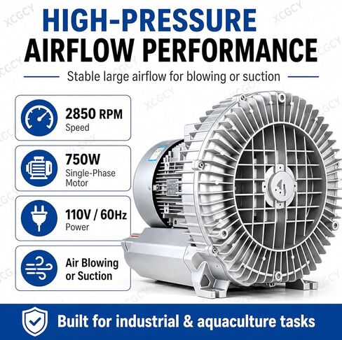 Regenerative Blower, High Pressure Vortex Fan Aerator, 750W 110V 60Hz Single Phase, 2850rpm Large Airflow Industrial Vacuum Pump for Air Blowing or Suction in Kuwait