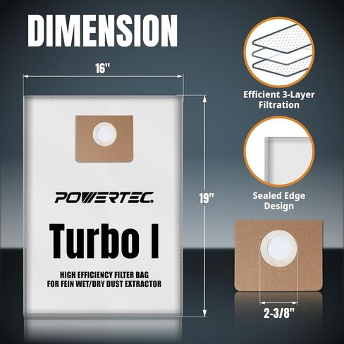 POWERTEC Turbo I, 9-20-27 Fleece Filter Bags 10PK, for Fein Dustex 25 L Wet/Dry Dust Extractor, for Fein 31345061010 Shop Vacuum Replacement Bags, Filter Bags, Dust Bags (75041-P2) in Kuwait