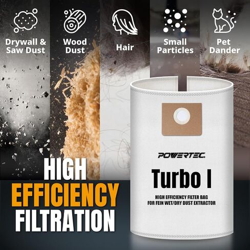 POWERTEC Turbo I, 9-20-27 Fleece Filter Bags 10PK, for Fein Dustex 25 L Wet/Dry Dust Extractor, for Fein 31345061010 Shop Vacuum Replacement Bags, Filter Bags, Dust Bags (75041-P2) in Kuwait
