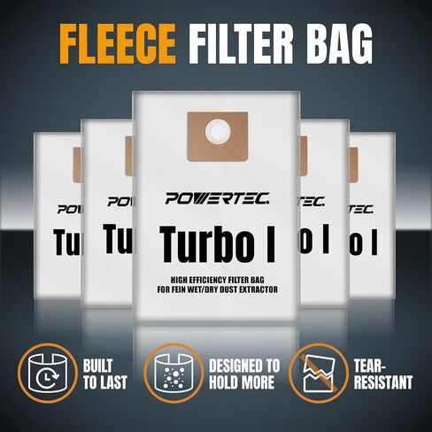 POWERTEC Turbo I, 9-20-27 Fleece Filter Bags 10PK, for Fein Dustex 25 L Wet/Dry Dust Extractor, for Fein 31345061010 Shop Vacuum Replacement Bags, Filter Bags, Dust Bags (75041-P2) in Kuwait