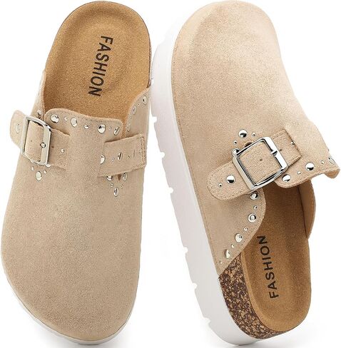 Platform Clogs for Women Cork Footbed Suede Mules, Arch Support Memory Foam Slip On Clogs, Adjustable Buckle Studded Closed Toe Walking Slippers, Comfort Chunky Thick Sole Womens Clogs Potato Shoes in Kuwait