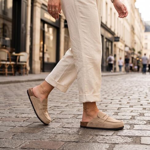 100% Genuine Leather Mules for Women Loafers & Slip-ons Comfortable | Women's Mules & Clogs Casual Backless with Arch Support Cork Footbed in Kuwait