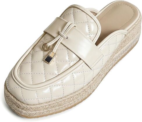 Women's Quilted Espadrille Platform Mules with Metal Lock Buckle Chic Closed Square Toe Slip-On Jute Woven Sole Non-Slip Casual Slides for Everyday Wear Travel Vacation in Kuwait