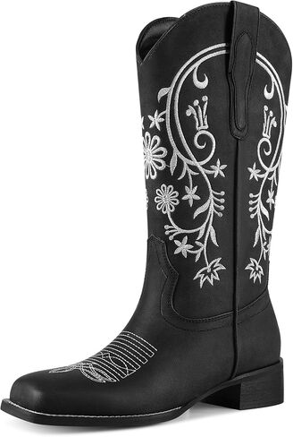 UJPFEO Cowboy Boots for Women Mid Calf Cowgirl Boots Square Toe Pull On Low Chunky Heel Embroidery Western Boots in Kuwait