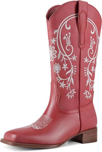 UJPFEO Cowboy Boots for Women Mid Calf Cowgirl Boots Square Toe Pull On Low Chunky Heel Embroidery Western Boots in Kuwait