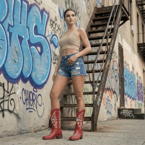 UJPFEO Cowboy Boots for Women Mid Calf Cowgirl Boots Square Toe Pull On Low Chunky Heel Embroidery Western Boots in Kuwait