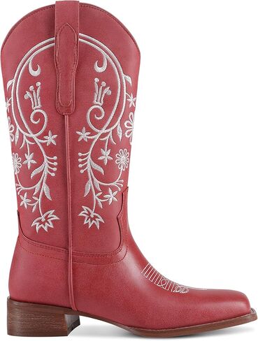 UJPFEO Cowboy Boots for Women Mid Calf Cowgirl Boots Square Toe Pull On Low Chunky Heel Embroidery Western Boots in Kuwait