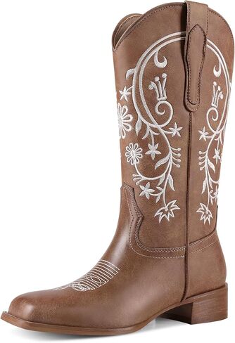 UJPFEO Cowboy Boots for Women Mid Calf Cowgirl Boots Square Toe Pull On Low Chunky Heel Embroidery Western Boots in Kuwait