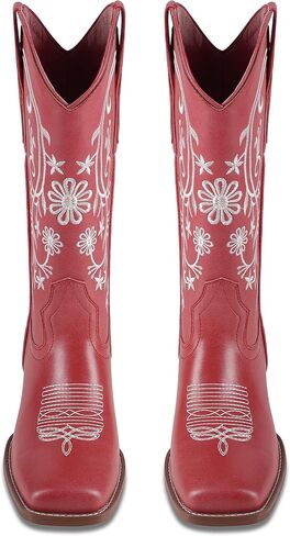 UJPFEO Cowboy Boots for Women Mid Calf Cowgirl Boots Square Toe Pull On Low Chunky Heel Embroidery Western Boots in Kuwait