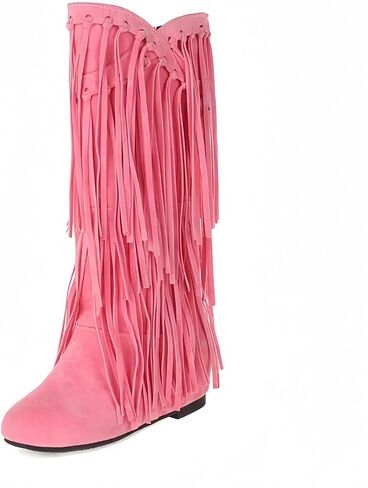 Women's Suede Fringe Boots Western Style Tassel Riding Cowgirl Booties Pull on Mid Calf Fashion Boots for Autumn Winter in Kuwait