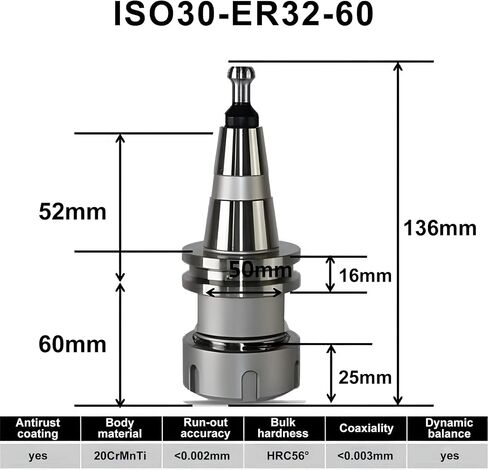 ISO30 ER32-60 Tool Holder Lathe Chuck Dynamic Balance Chuck G2.5 30000RPM CNC Machining Tools Lathe Collet Chuck With Pull Stud (5PCS) in Kuwait