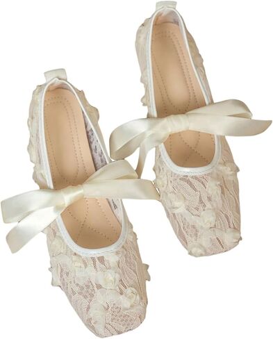 GORGLITTER Women's Floral Lace Mesh Ballet Flats Comfortable Dressy Square Closed Toe Bow Ballerina Dress Shoes in Kuwait