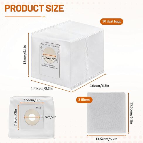 Y11 Vacuum Bags With 3 Motor Filters 10 Pack Compatible with InterVac RoadVac RV Central Vacuum System Models CSRM,CSRM-RC,CS-9 & Dometic CV1004-8 ​Part #Y11-5,5-Layer HEPA-Grade Disposable Dust Bags in Kuwait