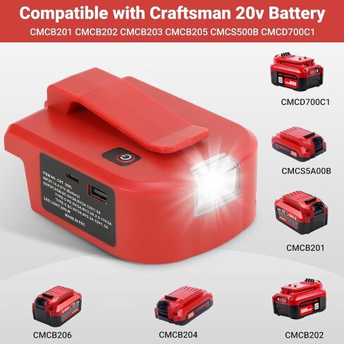 USB Charger Adapter for Craftsman 20v Battery, with 1 USB-A & 1 Type-C, LED Flashlight – Turn CRT Batteries into a Charger for Phones, Tablets, Shavers(Adapter Only) in Kuwait
