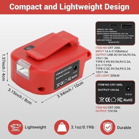 USB Charger Adapter for Craftsman 20v Battery, with 1 USB-A & 1 Type-C, LED Flashlight – Turn CRT Batteries into a Charger for Phones, Tablets, Shavers(Adapter Only) in Kuwait