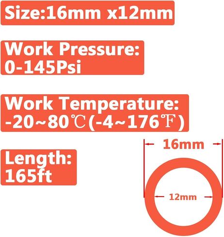 Pneumatic 16mm x 12mm Tubing 165Ft PU Air Tube Hose Pipe for Air Line or Water Transfer (Orange) in Kuwait