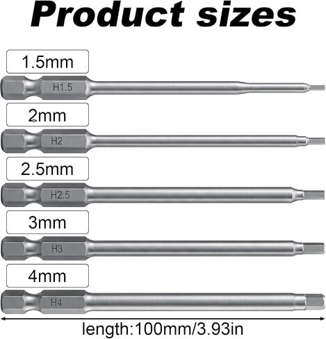 Amabro 5Pcs RC Hex Bit 4 Inch Allen Wrench Drill Power Bits Set 1.5mm 2.0mm 2.5mm 3.0mm 4.0mm Alloy Steel Professional Grade Hex Shank for Screwdrivers Electric Screwgun/Power Drill in Kuwait
