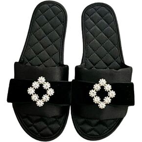 Women's Elegant Silk Bow Slippers with Rhinestone Diamonds, Quilted Satin Indoor Slides for Luxury Spa, Socialite Style House Shoes in Kuwait