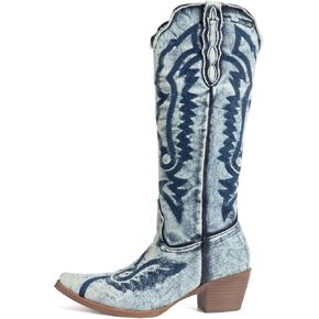 FIFSY Cowboy Boots for Women Knee High Denim Embroidered Jeans Cowgirl Boots Pointed Toe Chunky Heel Vintage Fashion Western Tall Boots in Kuwait