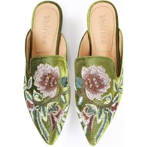 Women's Velvet Backless Pointed Toe Loafers - Embroidered Slip On Mule Slippers Flats, Comfortable Embellished Flat Shoes for Daily & Casual Wear in Kuwait