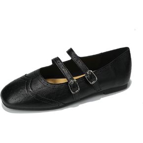 Women's Mary Jane Flats Double Strap Buckle Brogue Leather Flats, Vintage Perforated Square Toe Comfort Dress Shoes for Casual Work Daily in Kuwait