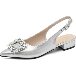 Women's Slingback Low Heel Pumps, Pointed Toe Rhinestone Buckle Sandals, Black Leather Comfortable Backless Dress Shoes for Wedding Office Casual in Kuwait