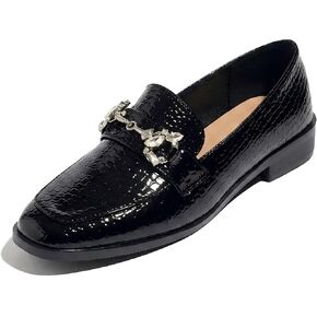 Women's Patent Croc-Embossed Loafers with Rhinestone Buckle Comfortable Square Toe Non-Slip Slip-On Low Chunky Heel Dress Shoes for Office Work School Uniform Dressy Occasions in Saudi Arabia