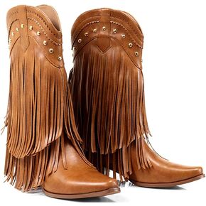 Liliana Women Fringe Cowboy Cowgirl Boots Pull On Western Mid Calf Booties in Kuwait