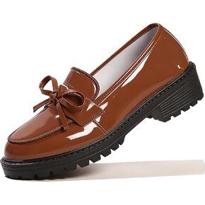 Women's Patent Leather Chunky Heel Bow Loafers Fashion Round Toe Low Square Heel Lug Sole Elegant Dress Shoes for Daily Birthday Party Wedding Bridal in Kuwait