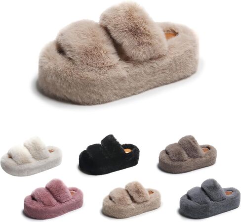 Women's Platform Slippers - Fuzzy Plush Furry, Trendy Cloud Soft, Thickened Elevated & Anti - slip Sole, Fashion Comfort for Daily Wear. in Kuwait