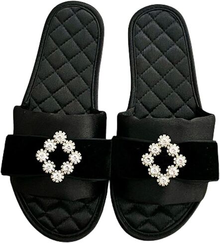 Women's Elegant Silk Bow Slippers with Rhinestone Diamonds, Quilted Satin Indoor Slides for Luxury Spa, Socialite Style House Shoes in Kuwait