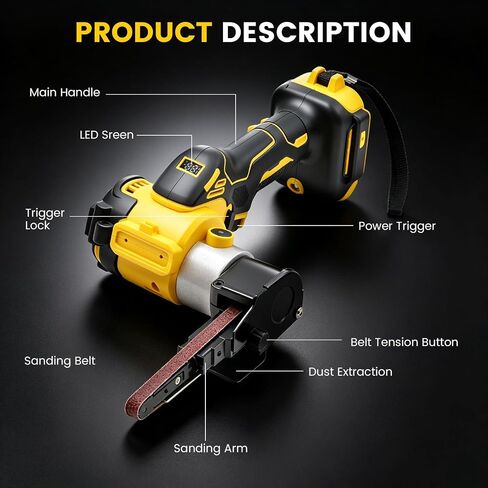 Cordless Detail Band file Sander Compatible with DEWALT 20V MAX Battery (Tool Only),120° Rotatable Head, LED Display, 3/8"x13" Belt, for Woodworking, Paint & Metal Rust Removal, DIY in Kuwait
