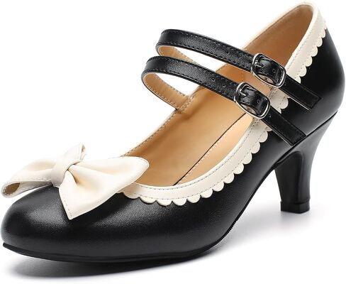 Women's Mary Jane Pumps Bow Heels, Double Straps, 2.36" Low Heel Cute Vintage Dress Shoes for Work, Casual, Party in Kuwait