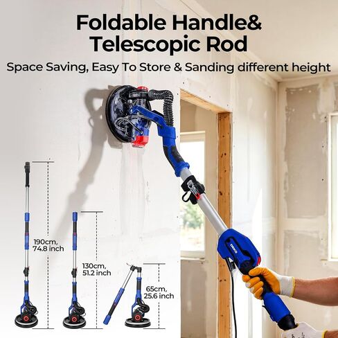Drywall Sander, 900W Popcorn Ceiling Removal Tool, Automatic Drywall Sander with Vacuum Dust Collection, LED Light, 6 Variable Speed 600-1800RPM, Foldable & Extendable Handle,4Pcs Sanding Discs in Kuwait