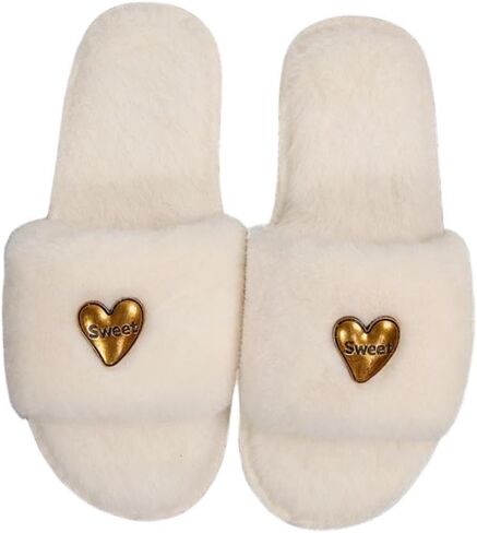 Slippers Women Plush Open Toe Gold Heart Warm Soft Non-Slip PVC Sole Cozy in Kuwait