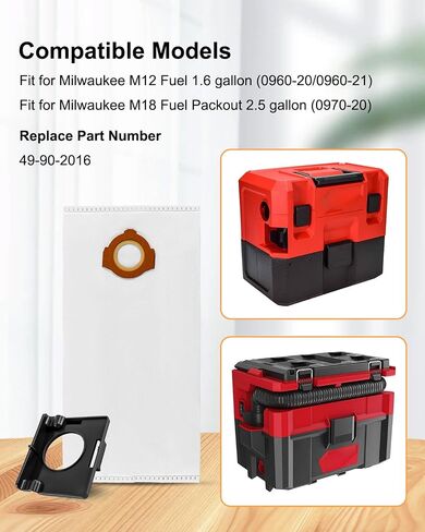 6 Pack 49-90-2016 Fleece Dust Bags Fit for Milwaukee 0960-20 & 0970-20 Cordless Wet/Dry Packout Vacuums, with 2 Attachable Bag Holder in Kuwait