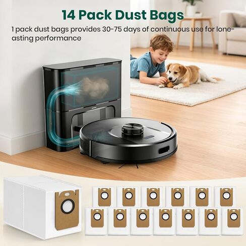 14 Pack Vacuum Bags for Tikom L8000 Plus Series Robot Vacuum, Large Capacity Disposable Replacement Dust Bags for Tikom, Up to 60 Days Hands Free Cleaning in Kuwait