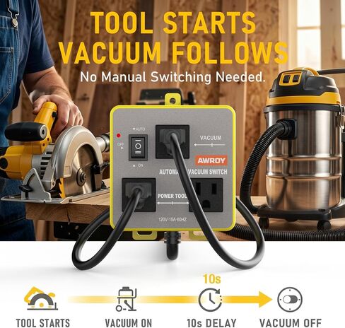 Automatic Vacuum Switch, Tool-Activated Dust Control Switch with 10s Delay-Off, 15A 1875W Shop Vac Auto Switch for Power Tools, Saw, Sander, Router, Small Workshop & Garage Woodworking in Kuwait