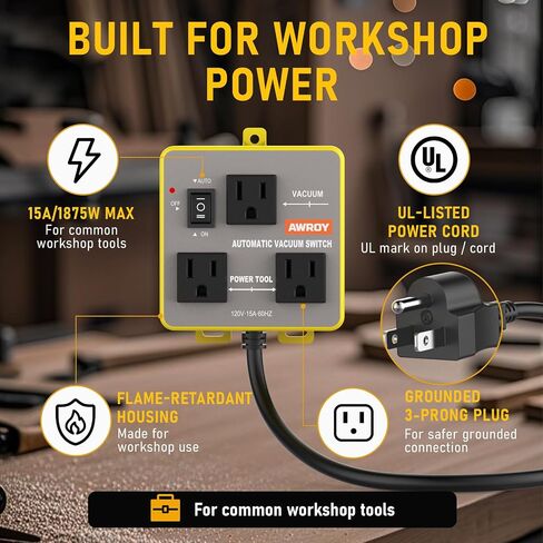 Automatic Vacuum Switch, Tool-Activated Dust Control Switch with 10s Delay-Off, 15A 1875W Shop Vac Auto Switch for Power Tools, Saw, Sander, Router, Small Workshop & Garage Woodworking in Kuwait