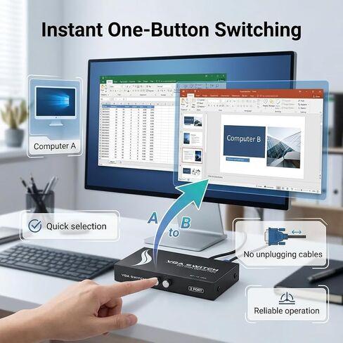 iKKEGOL 2 Port VGA Audio Video Switch 2x1 SVGA Switcher Box 2 in 1 Out PC Monitor LCD TFT Sharing in Kuwait