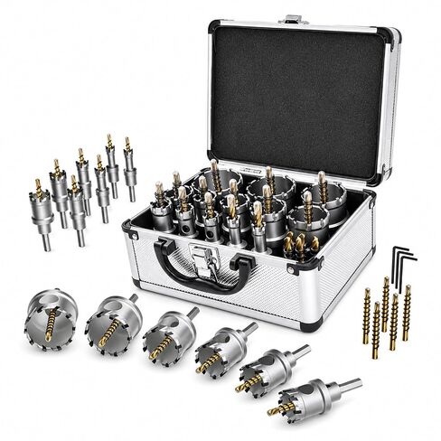 AZUNO Carbide Hole Saw Kit for Metal, 21 Pcs TCT Hole Cutter Set with 13 Sizes 1/2" to 2-1/8", 5 Pilot Bits, 3 Hex Keys & Case, Triple-Blade for Stainless Steel, Mild Steel, Aluminum, Copper in Kuwait