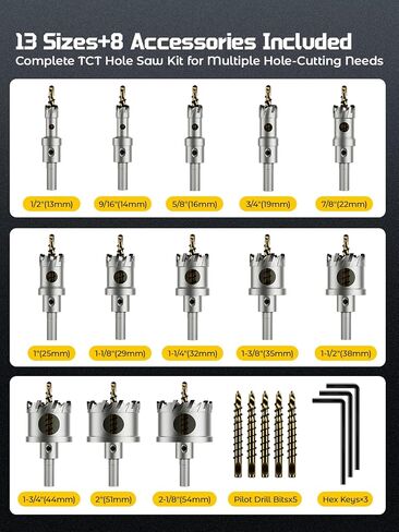 AZUNO Carbide Hole Saw Kit for Metal, 21 Pcs TCT Hole Cutter Set with 13 Sizes 1/2" to 2-1/8", 5 Pilot Bits, 3 Hex Keys & Case, Triple-Blade for Stainless Steel, Mild Steel, Aluminum, Copper in Kuwait