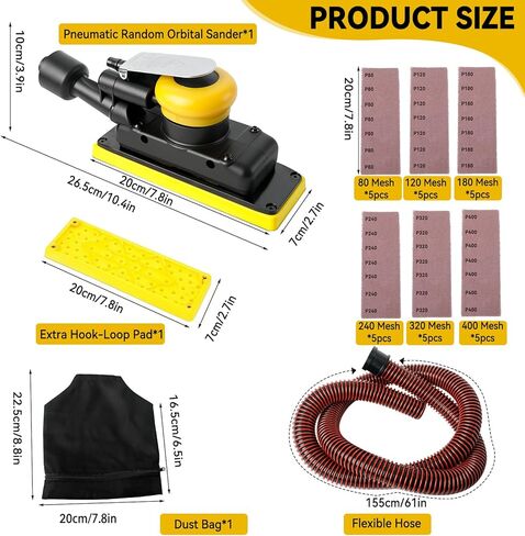 Pneumatic Air Orbital Sander, 70 mm x 198 mm 1/8" Vacuum Air Sander 10000RPM 90PSI Dust-Free Air Hand Profile Random Sanders with Extra Pad and 30pcs (80/120/180/240/320/400) Mesh Sandpapers in Kuwait