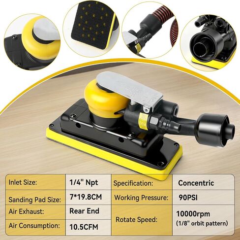 Pneumatic Air Orbital Sander, 70 mm x 198 mm 1/8" Vacuum Air Sander 10000RPM 90PSI Dust-Free Air Hand Profile Random Sanders with Extra Pad and 30pcs (80/120/180/240/320/400) Mesh Sandpapers in Kuwait