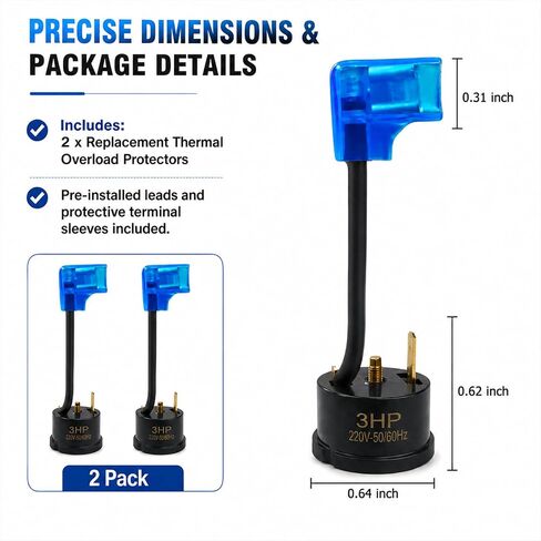 2Pcs 3HP 2250W Compressor Thermal Overload Protector, Universal Replacement for Air Conditioner, RV AC System and Dehumidifier Compressor with Wire and Plug in Kuwait