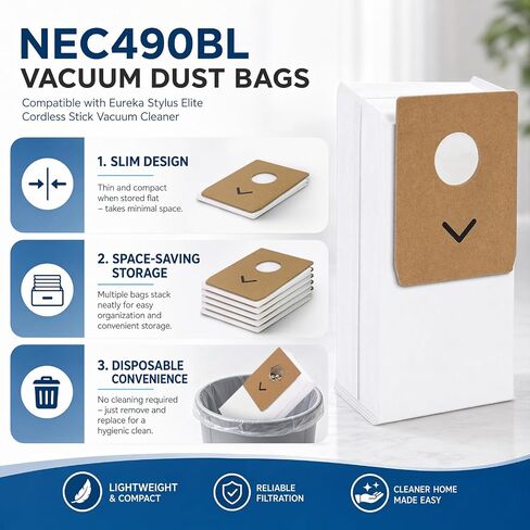 12 Pack NEC490BL Vacuum Bags, Dust Bags Replacement for Eureka Stylus Elite NEC490BL NEC490SE NEC410BK Cordless Stick Vacuum Cleaner in Kuwait