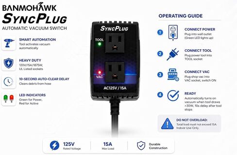 Automatic Vacuum Switch Allows Power Tool to Turn Vacuum/Accessory on and Off Automatically, Load Sensing, On Delay Prevent Circuit Overload, Shop Dust Collector Off Delay in Kuwait